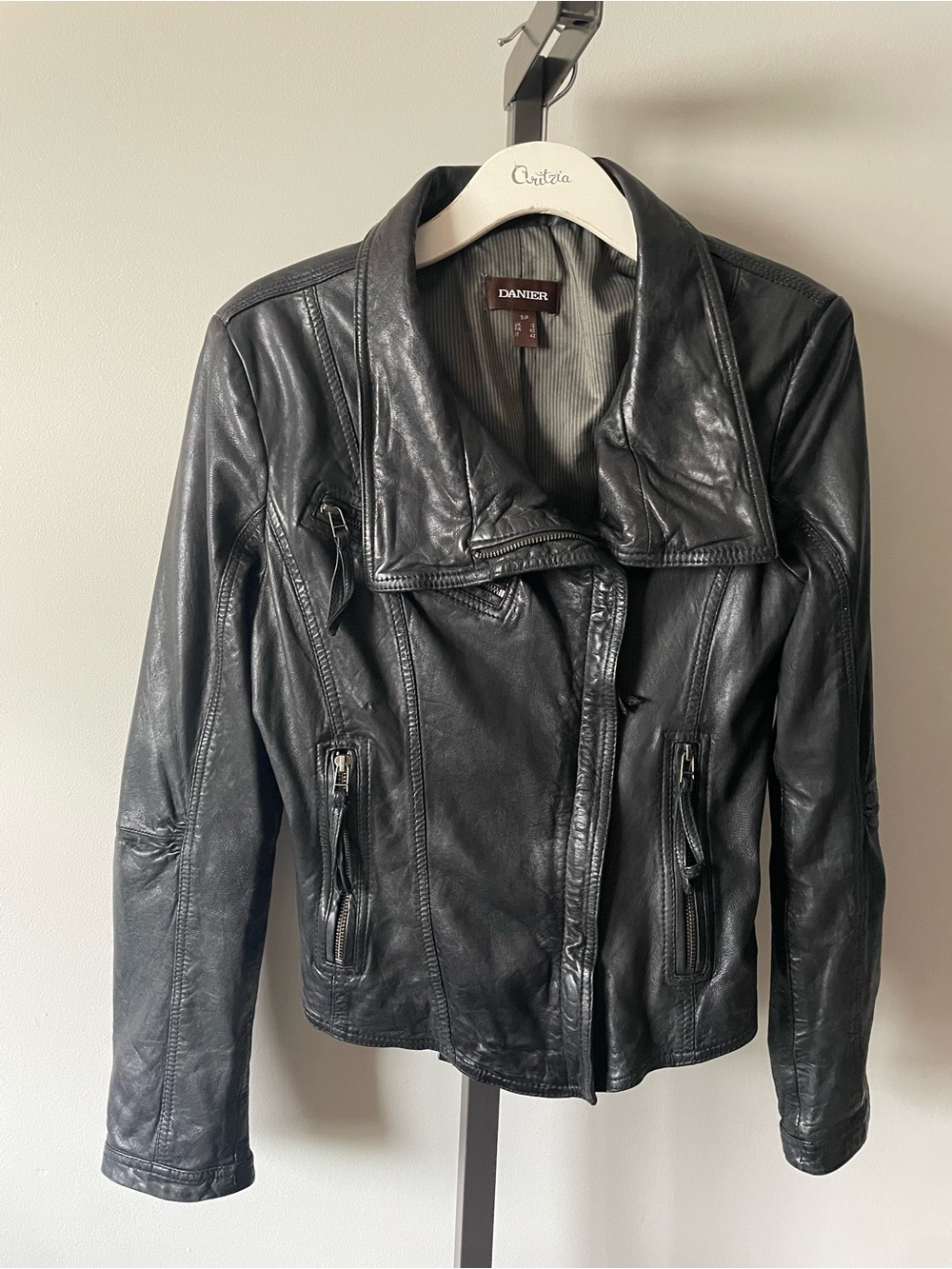 Y2K Vintage Danier Black Genuine Leather Biker Moto Jacket Wide Collar